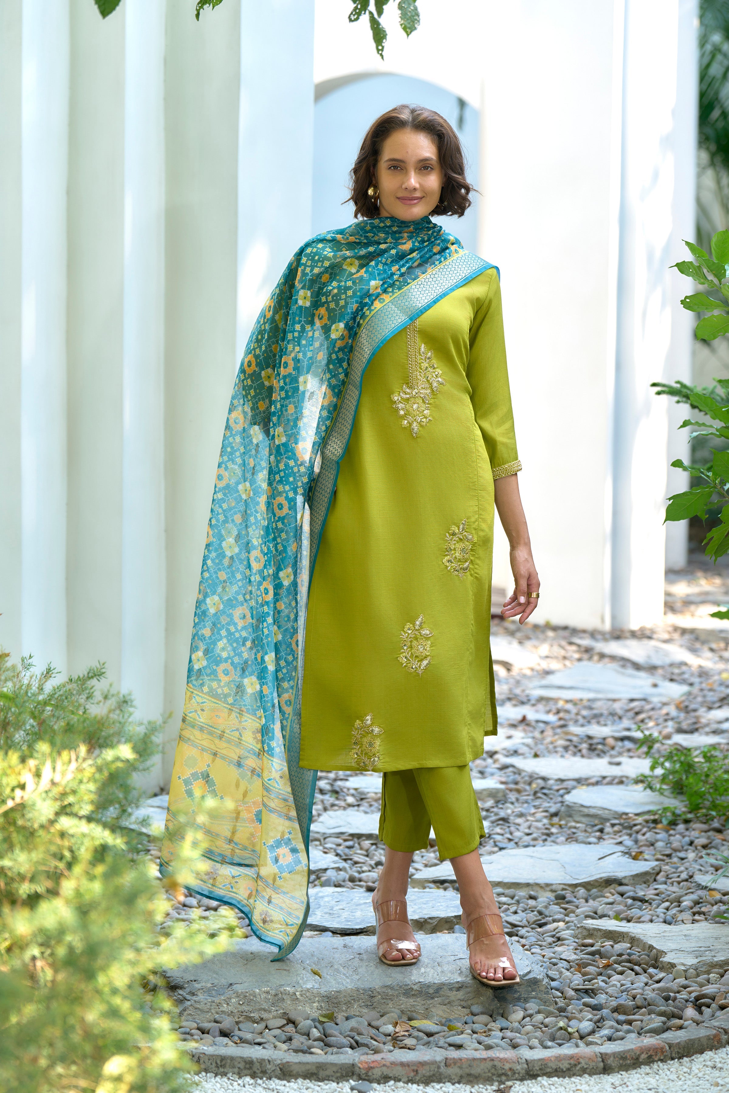 Lemon Green Vatican Kurti Set with Chanderi Butti Dupatta